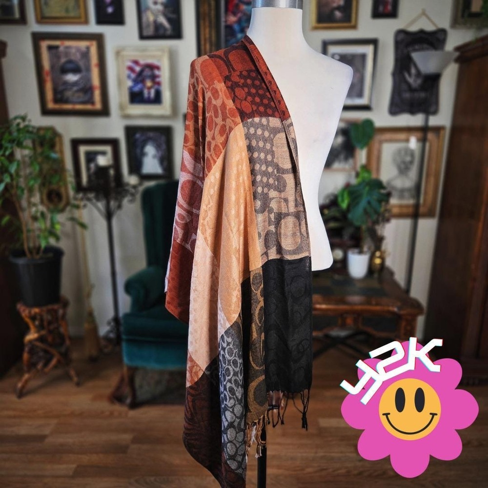 Pashmina Scarf Shawl Wrap Geometric Vintage Y2K Earth Tones‎ Fringe Boho 68x27